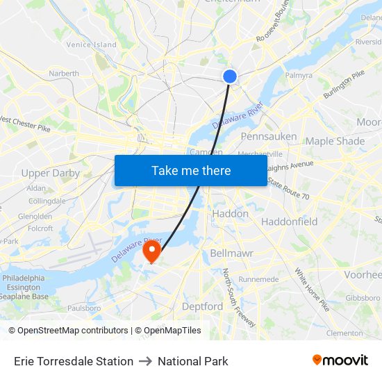 Erie Torresdale Station to National Park map