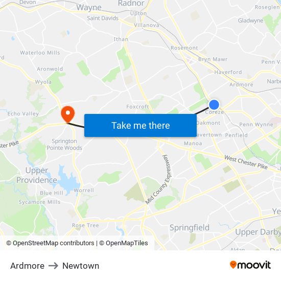 Ardmore to Newtown map