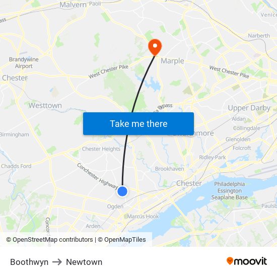 Boothwyn to Newtown map