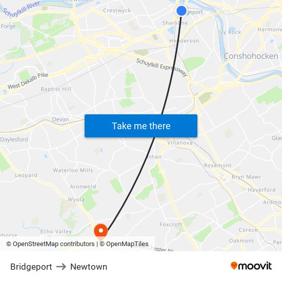 Bridgeport to Newtown map