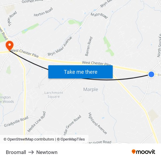 Broomall to Newtown map