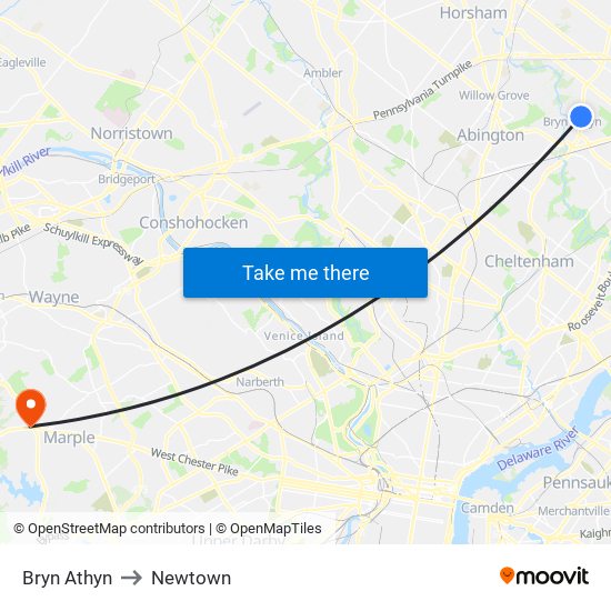 Bryn Athyn to Newtown map