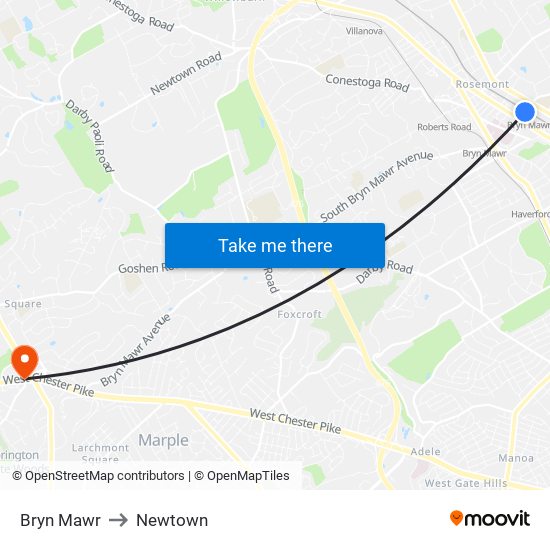 Bryn Mawr to Newtown map
