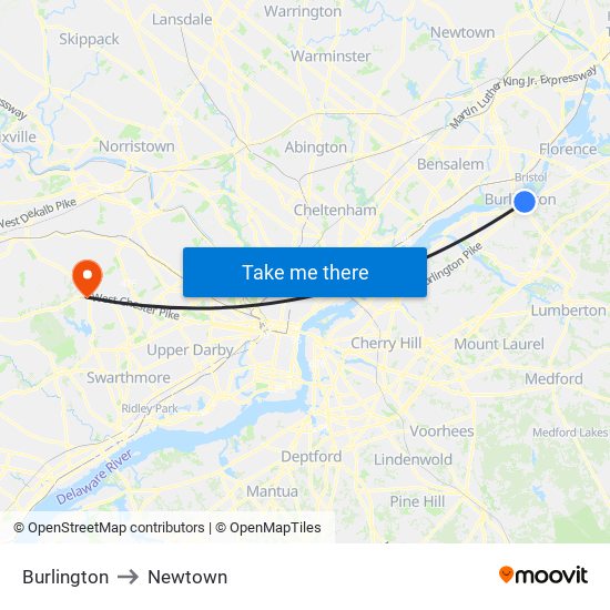 Burlington to Newtown map