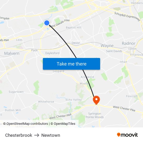Chesterbrook to Newtown map