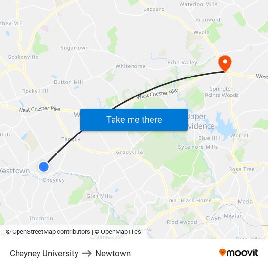 Cheyney University to Newtown map