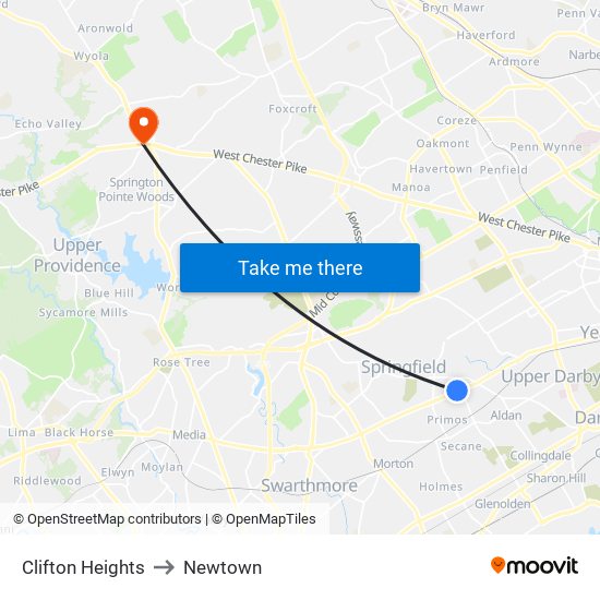 Clifton Heights to Newtown map