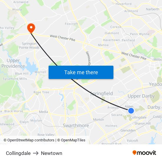 Collingdale to Newtown map