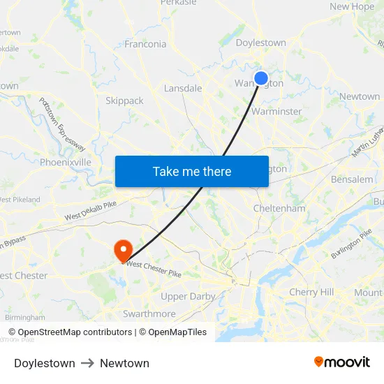 Doylestown to Newtown map