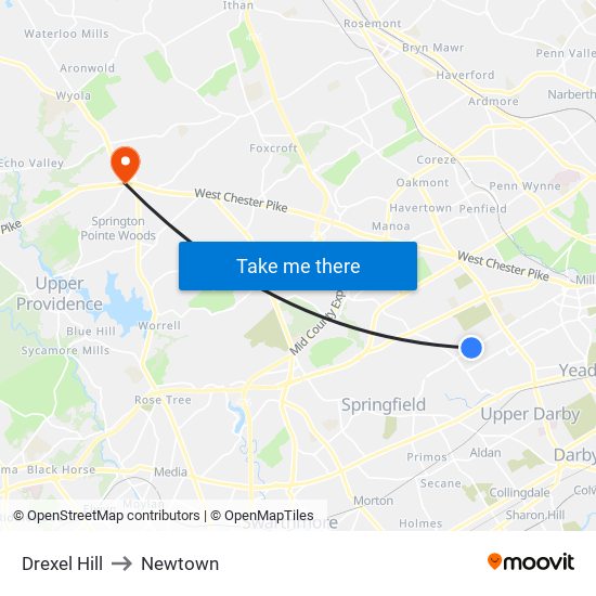 Drexel Hill to Newtown map