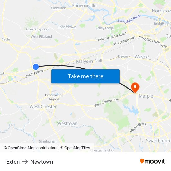 Exton to Newtown map