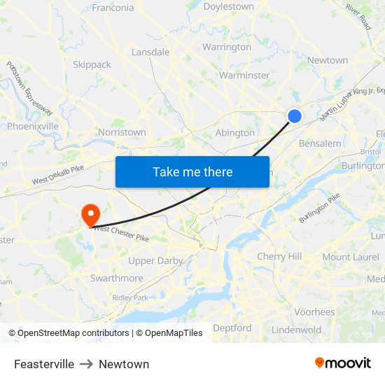 Feasterville to Newtown map