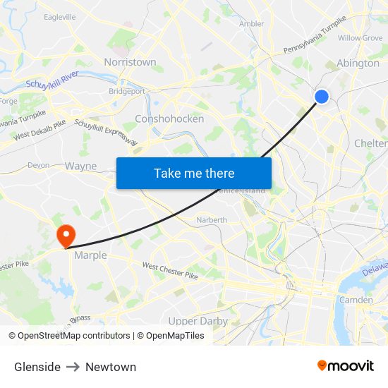 Glenside to Newtown map