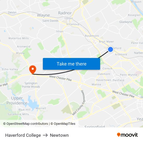 Haverford College to Newtown map