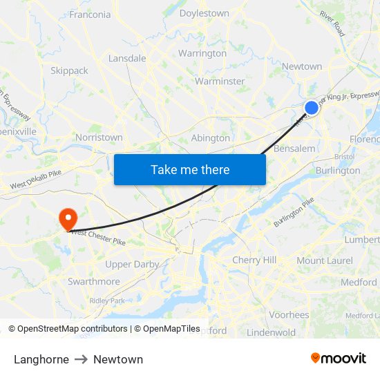 Langhorne to Newtown map