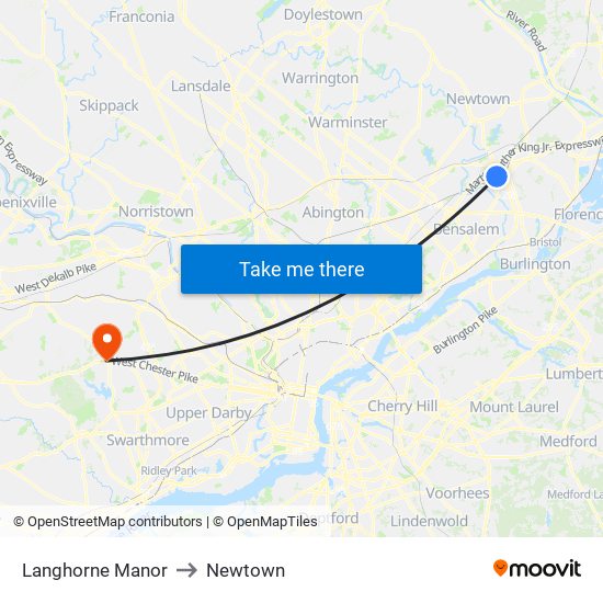 Langhorne Manor to Newtown map