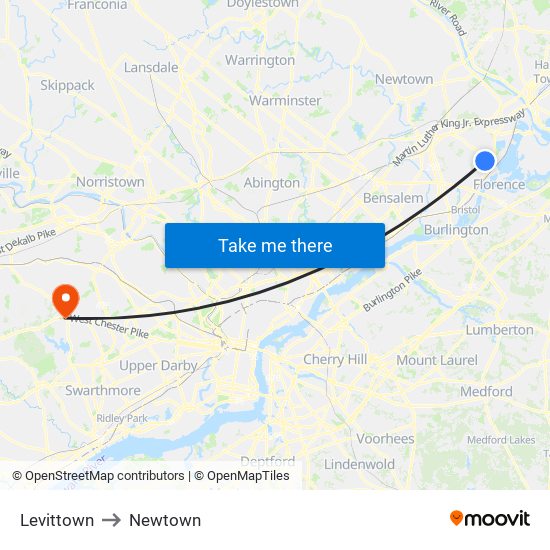 Levittown to Newtown map