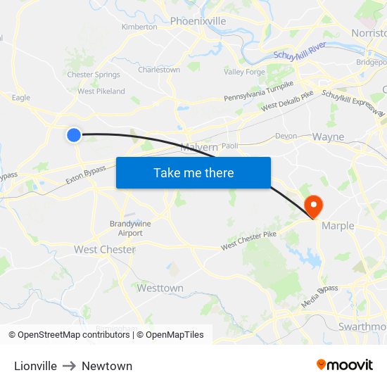 Lionville to Newtown map