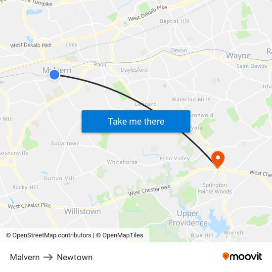 Malvern to Newtown map