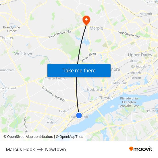 Marcus Hook to Newtown map