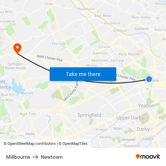 Millbourne to Newtown map