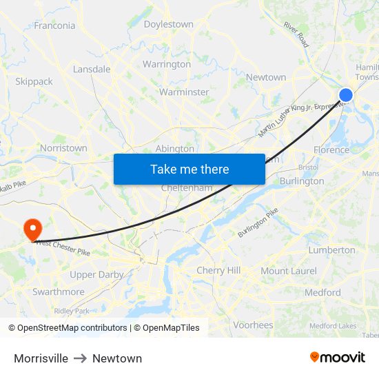 Morrisville to Newtown map