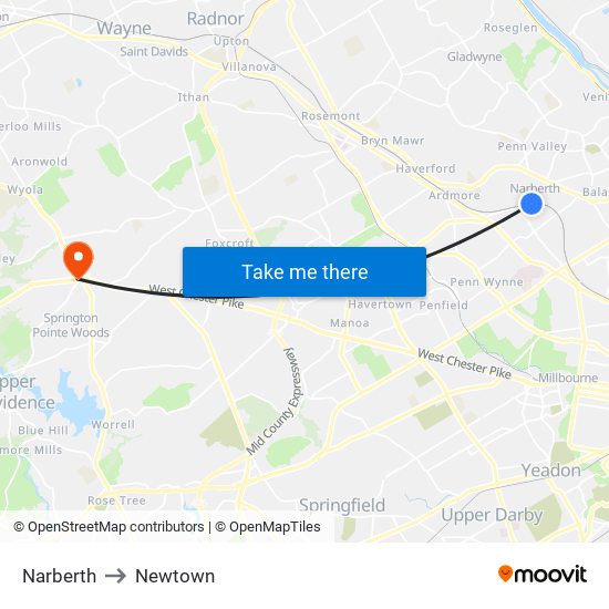 Narberth to Newtown map