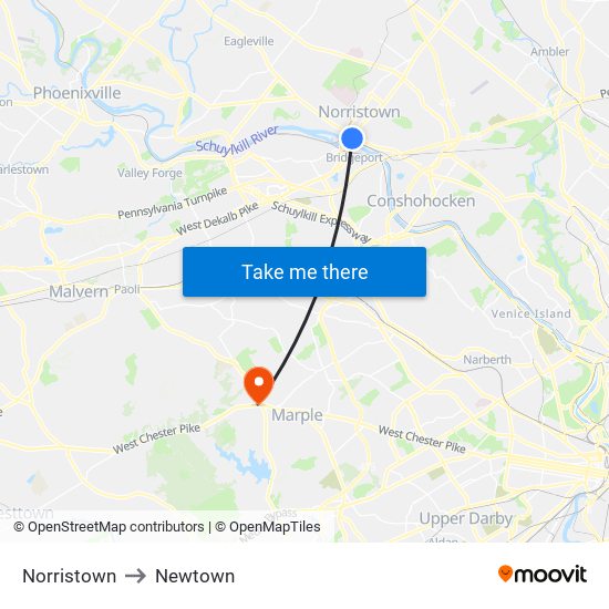 Norristown to Newtown map