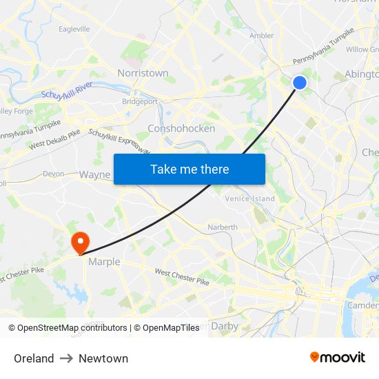 Oreland to Newtown map