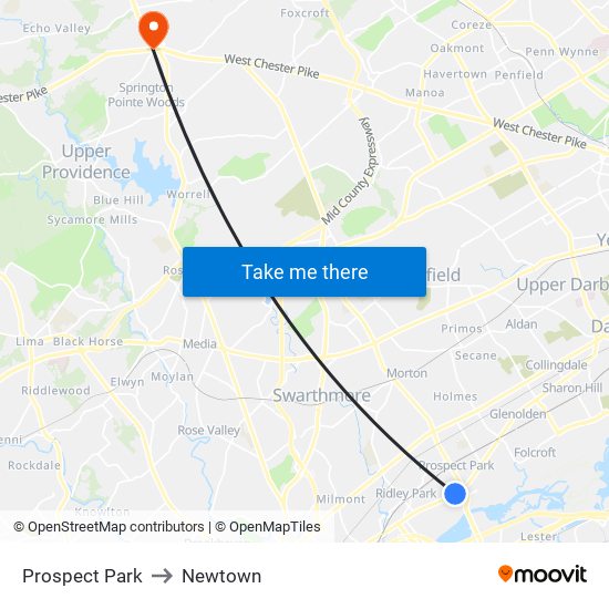 Prospect Park to Newtown map