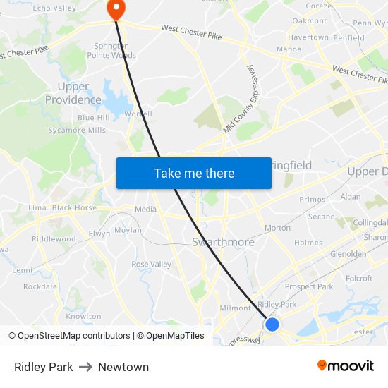 Ridley Park to Newtown map