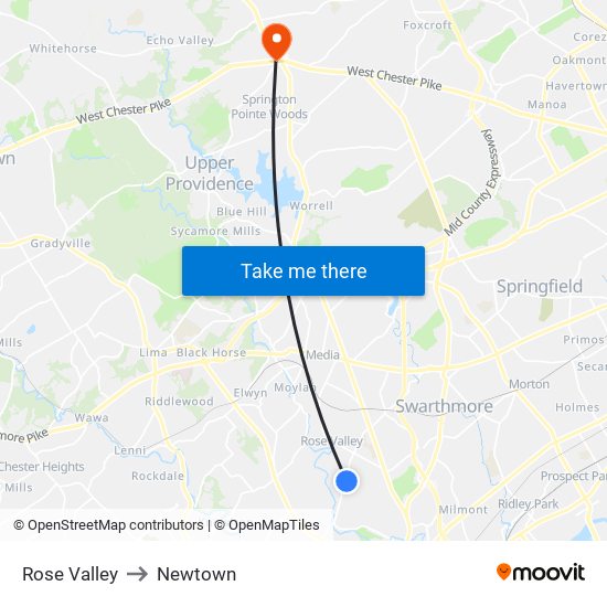 Rose Valley to Newtown map