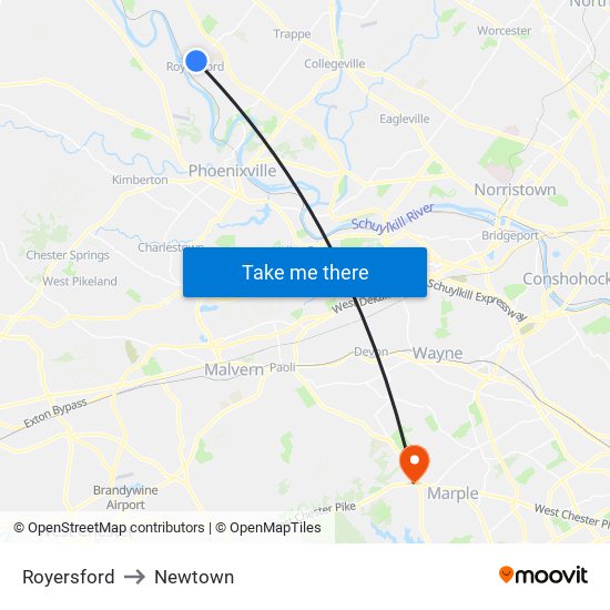 Royersford to Newtown map