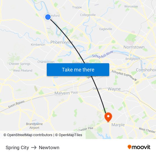 Spring City to Newtown map