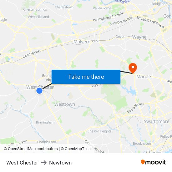 West Chester to Newtown map