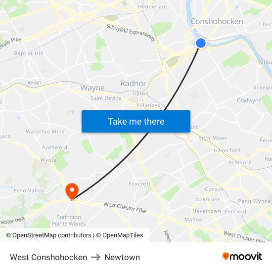 West Conshohocken to Newtown map