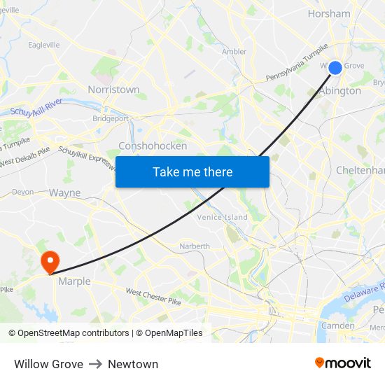 Willow Grove to Newtown map
