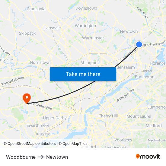 Woodbourne to Newtown map