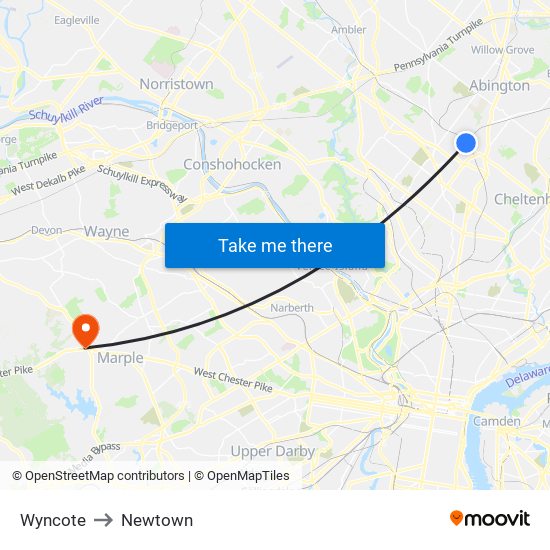 Wyncote to Newtown map