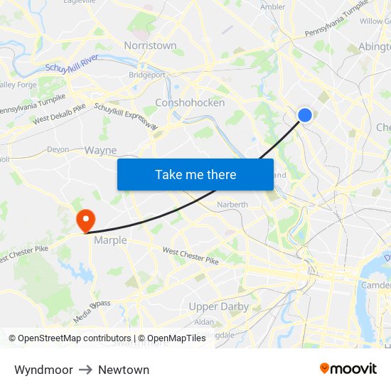 Wyndmoor to Newtown map