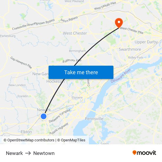 Newark to Newtown map