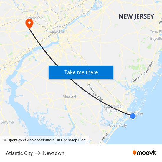 Atlantic City to Newtown map