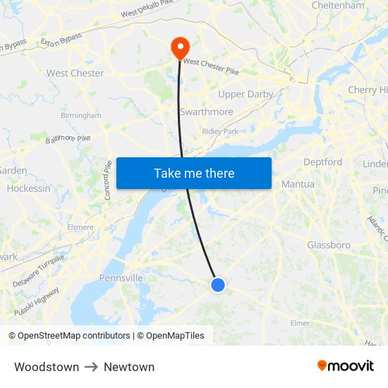 Woodstown to Newtown map