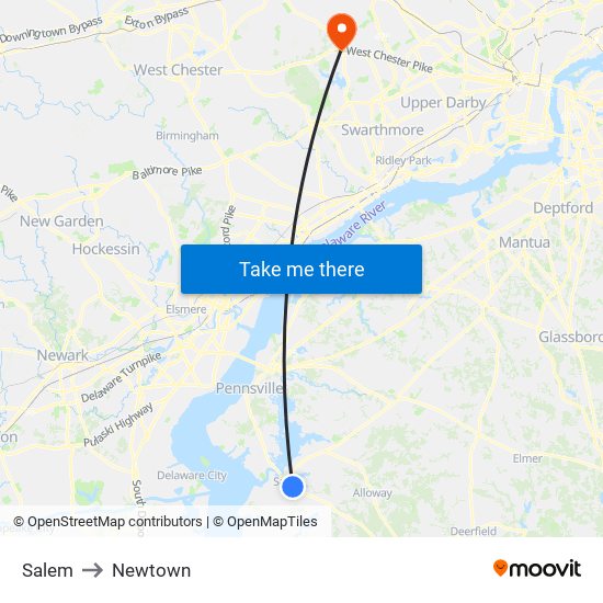 Salem to Newtown map
