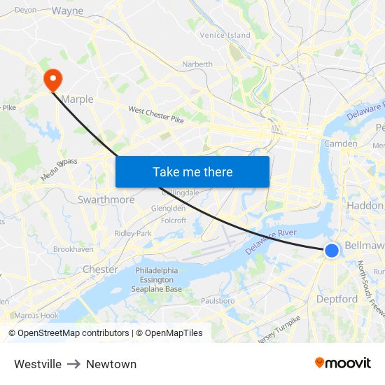 Westville to Newtown map