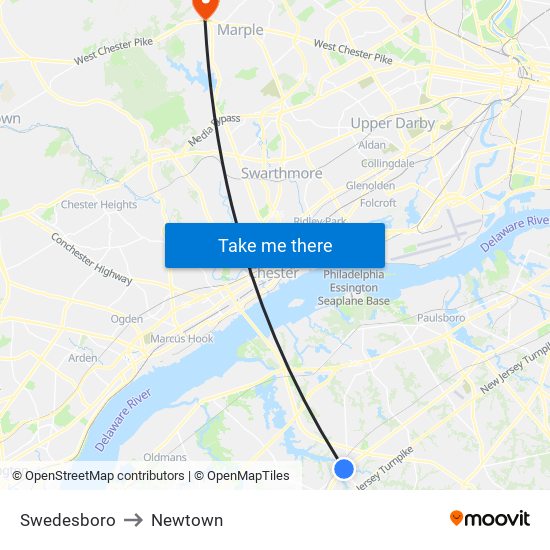 Swedesboro to Newtown map