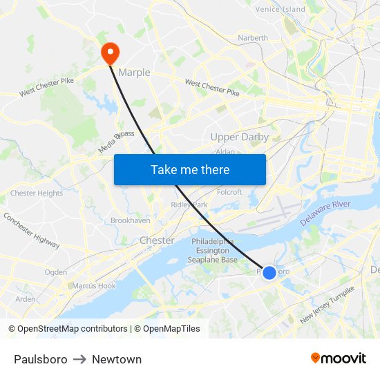 Paulsboro to Newtown map