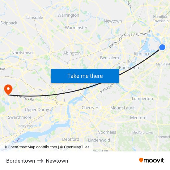 Bordentown to Newtown map