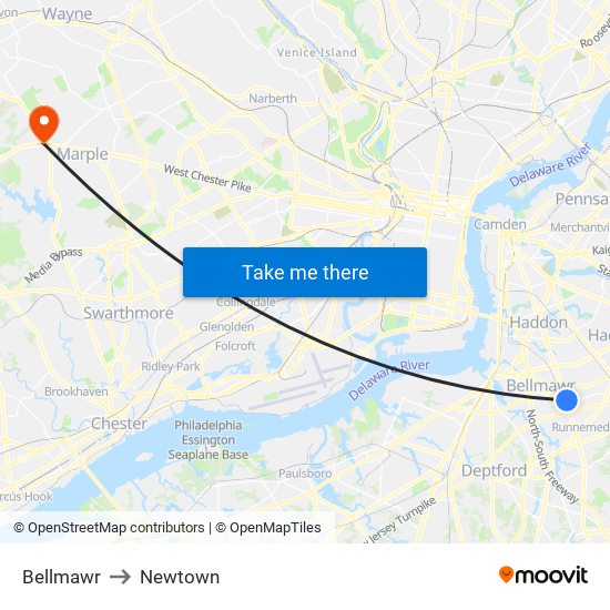 Bellmawr to Newtown map