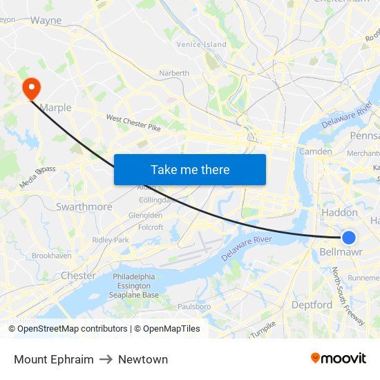 Mount Ephraim to Newtown map